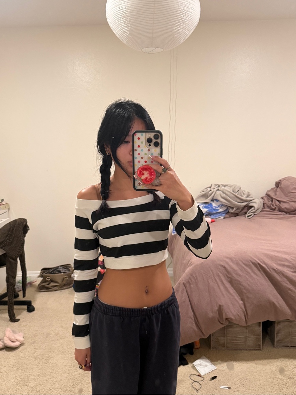 Striped Off-Shoulder Black & White Crop Top
